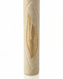 Cylindrical cream Jerusalem stone mezuzah case with a carved golden Shin letter.