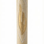 Handcrafted Jerusalem Stone Mezuzah with fluid lines and bold golden shin, displayed on a clean white studio surface with subtle reflection.