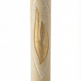 Handcrafted Jerusalem Stone Mezuzah with fluid lines and bold golden shin, displayed on a clean white studio surface with subtle reflection.