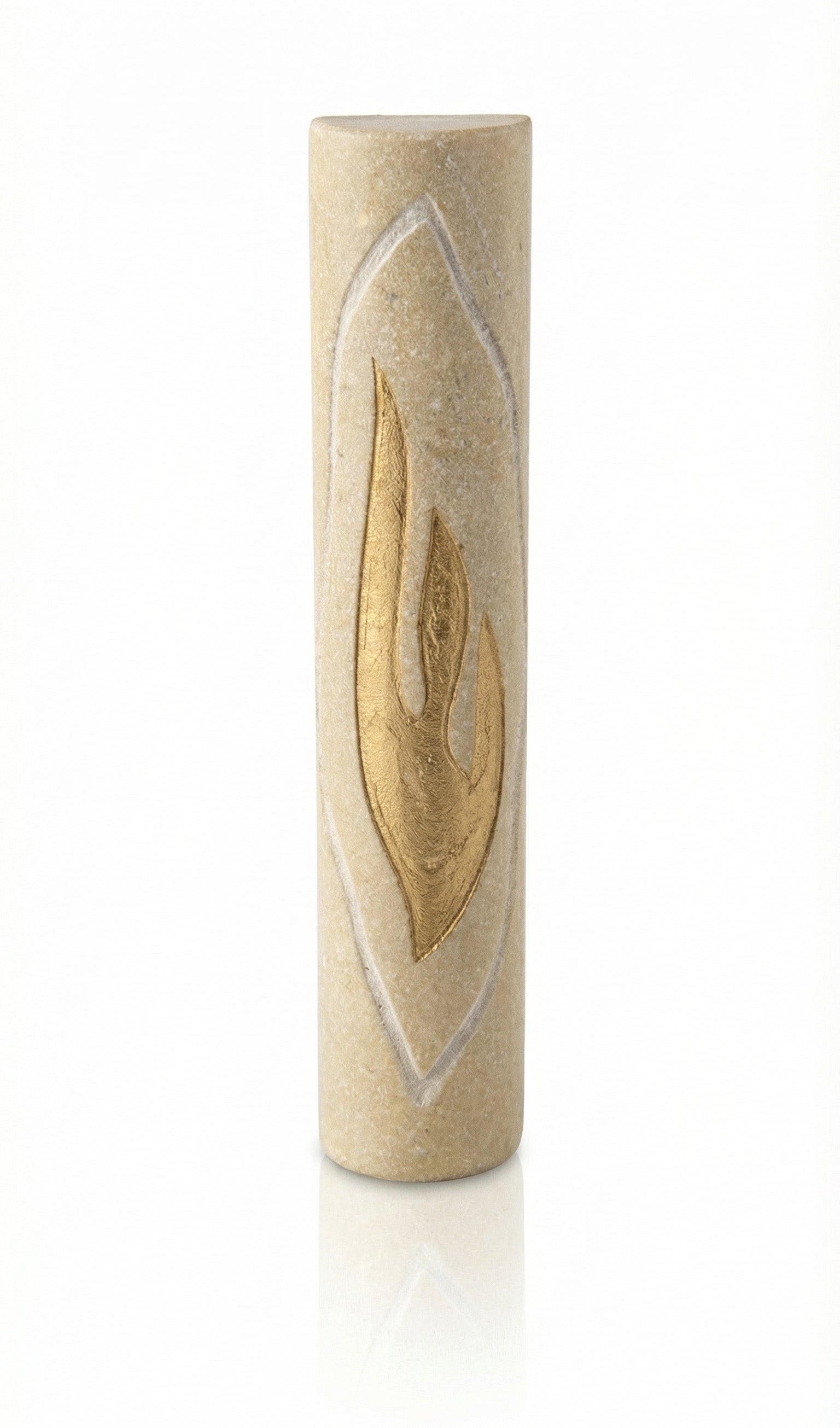 Handcrafted Jerusalem Stone Mezuzah with fluid lines and bold golden shin, displayed on a clean white studio surface with subtle reflection.