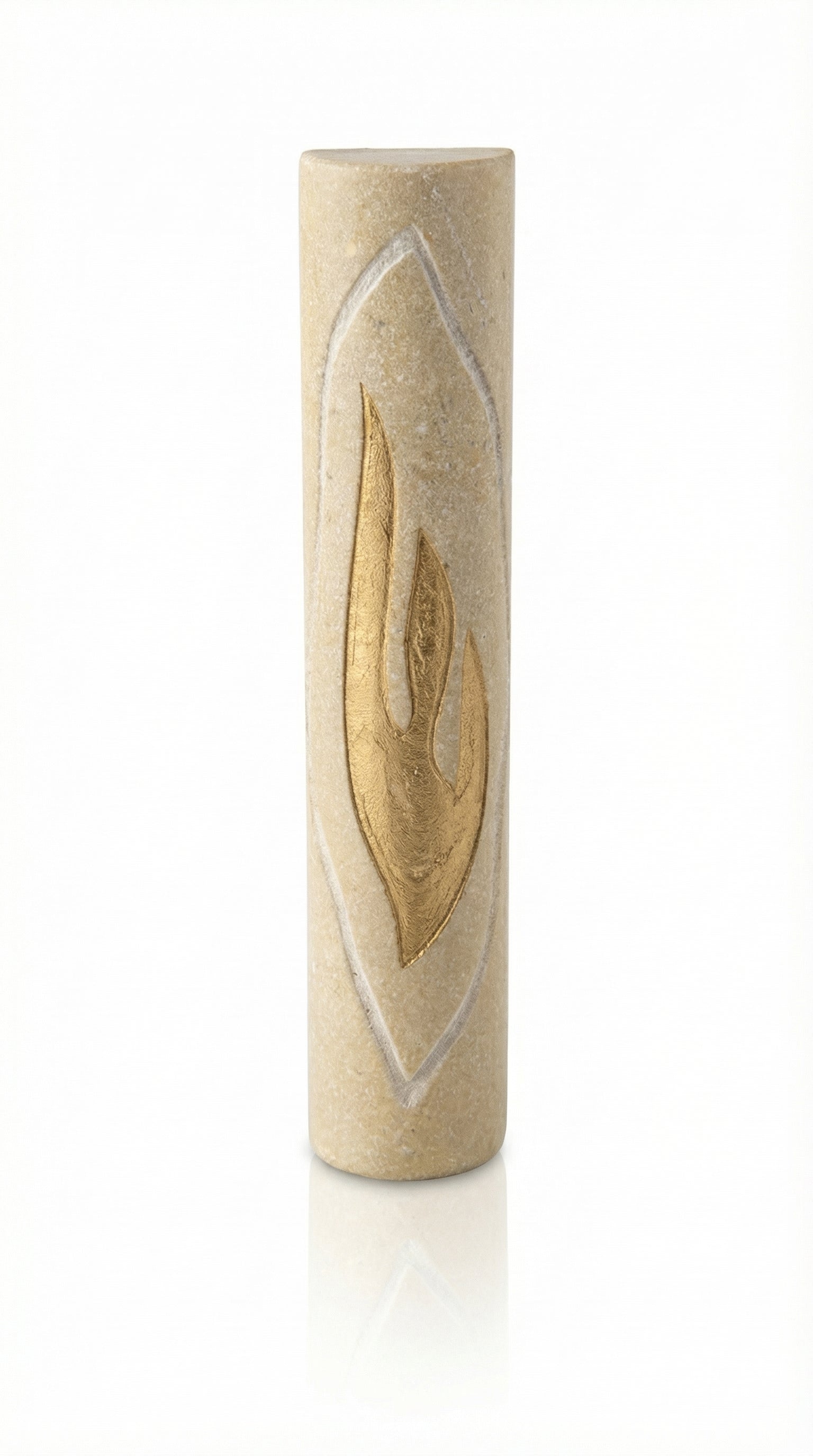 Cylindrical cream Jerusalem stone mezuzah case with a carved golden Shin letter.