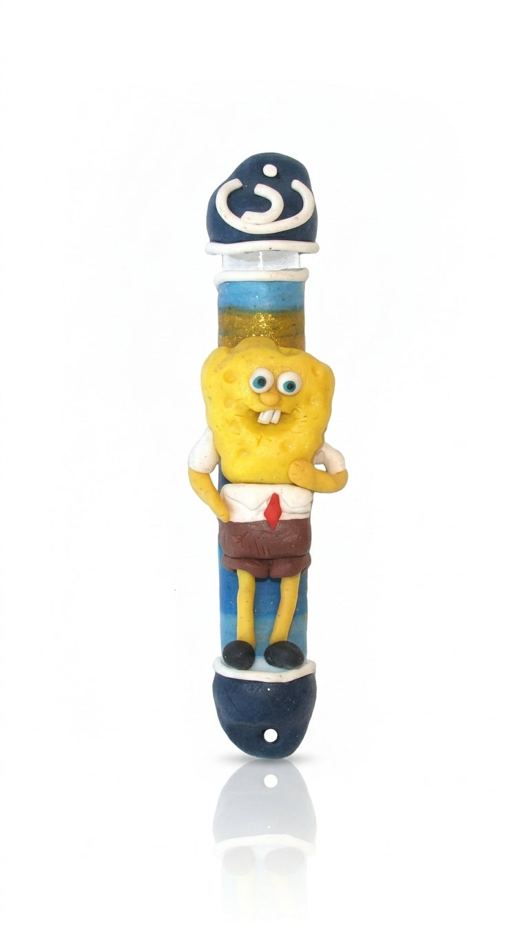 Fimo Spongebob Squarepants Mezuzah, handmade in Israel, measuring 4 inches, designed for your home door with detailed Hebrew symbols and motifs.