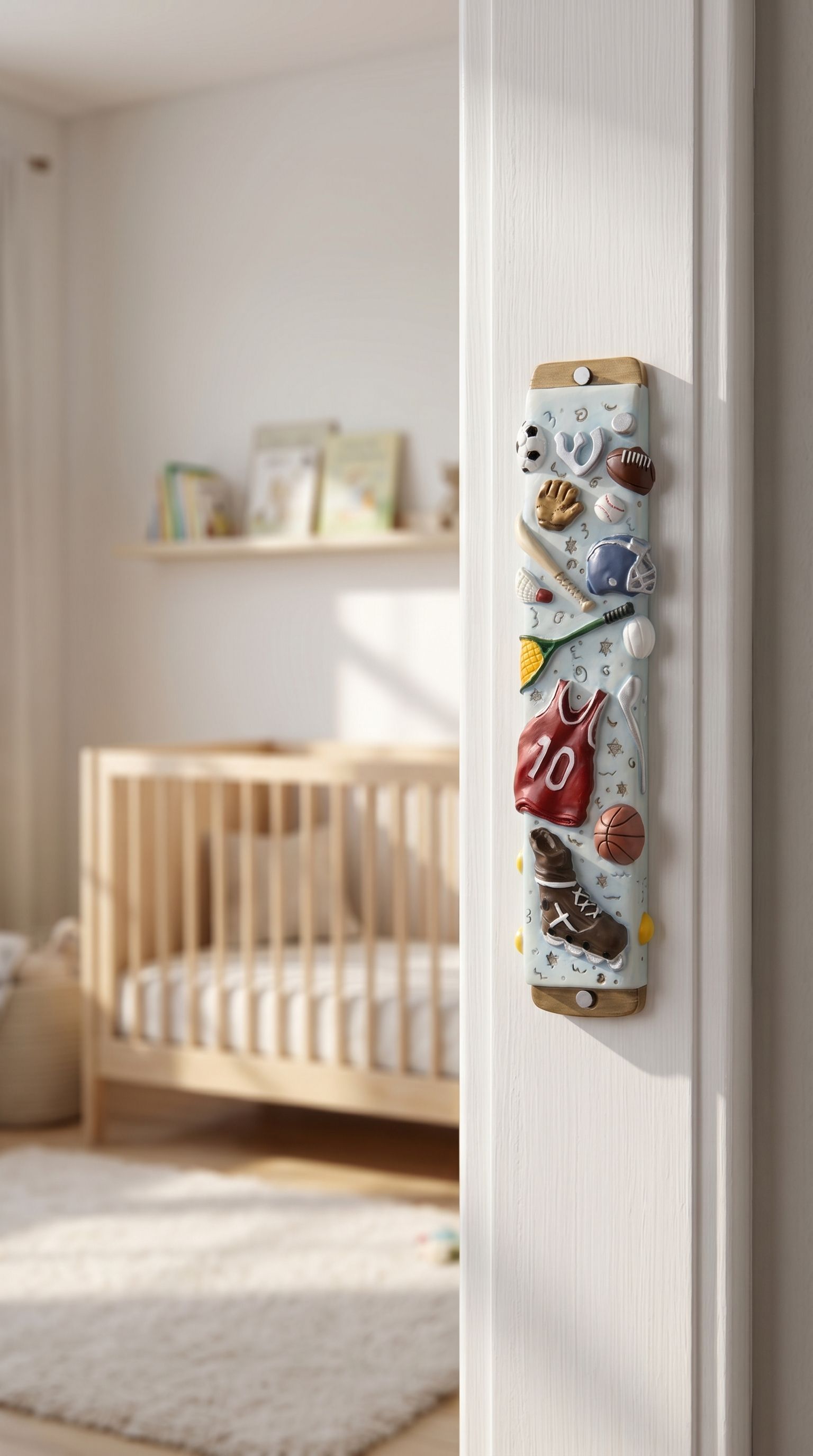 Sports-themed mezuzah case with playful athletic icons, perfect for kids' bedrooms or playrooms, handmade in Israel from ceramic.
