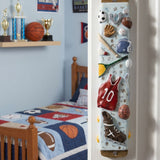 Hyper-realistic image of a sports-themed mezuzah on the inner doorway of a child's room, highlighting playful design and vibrant colors.