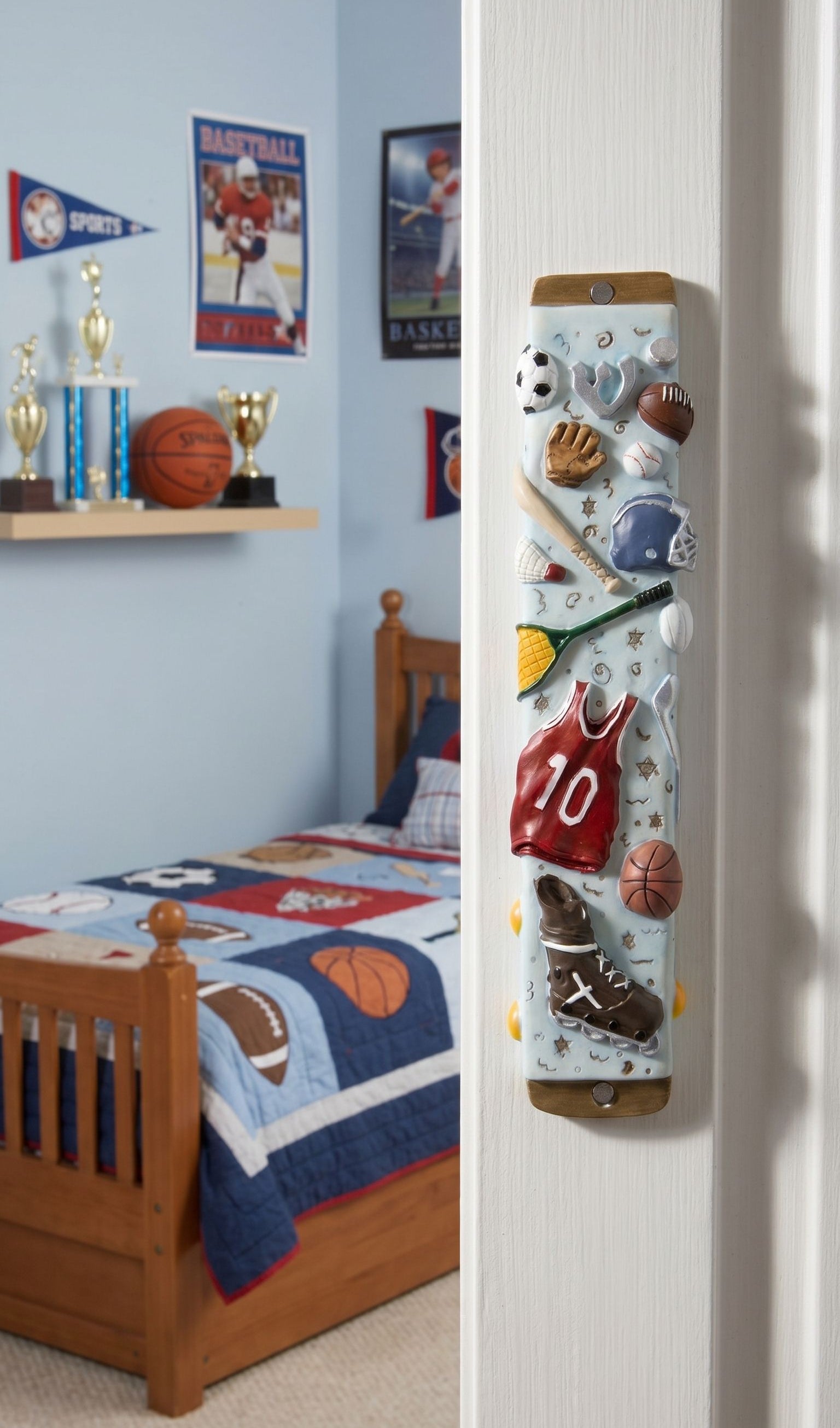 Hyper-realistic image of a sports-themed mezuzah on the inner doorway of a child's room, highlighting playful design and vibrant colors.