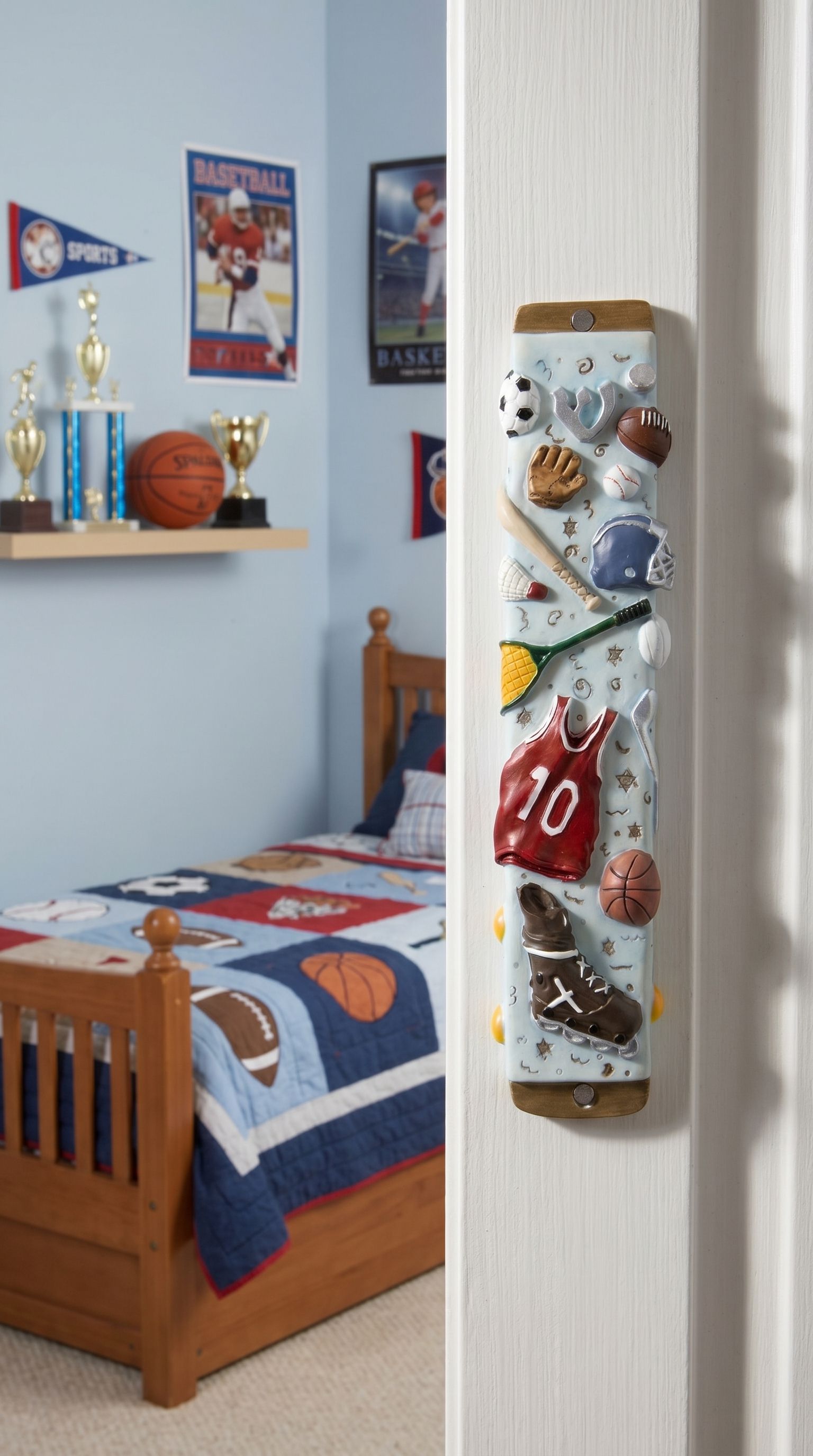 Hyper-realistic image of a sports-themed mezuzah on the inner doorway of a child's room, highlighting playful design and vibrant colors.