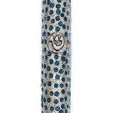 High-resolution image of a pewter Spot of Rain Mezuzah with Hebrew engravings, clear details, on a white studio background with soft reflection.