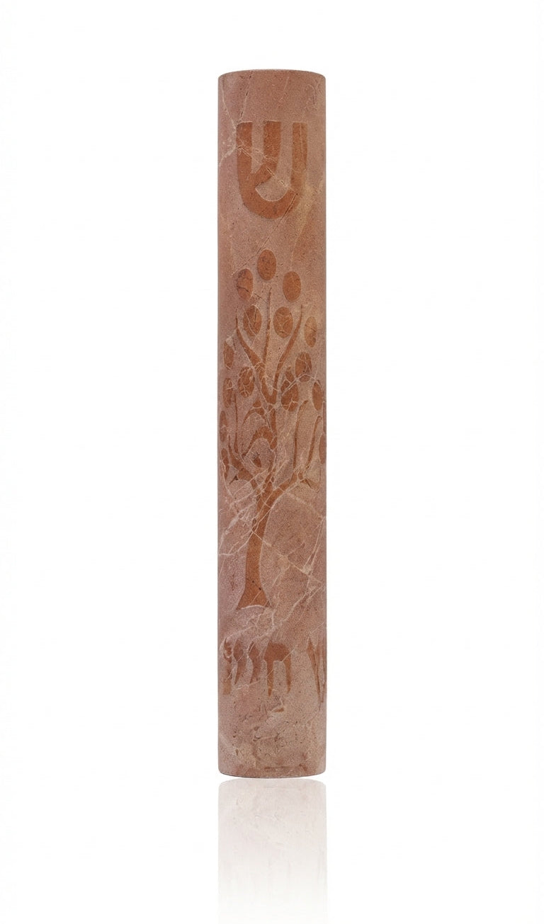 Large Jerusalem Stone Mezuzah with vibrant tree of life and Hebrew text 'etz chaiim', sharp details on white studio background with subtle reflection.