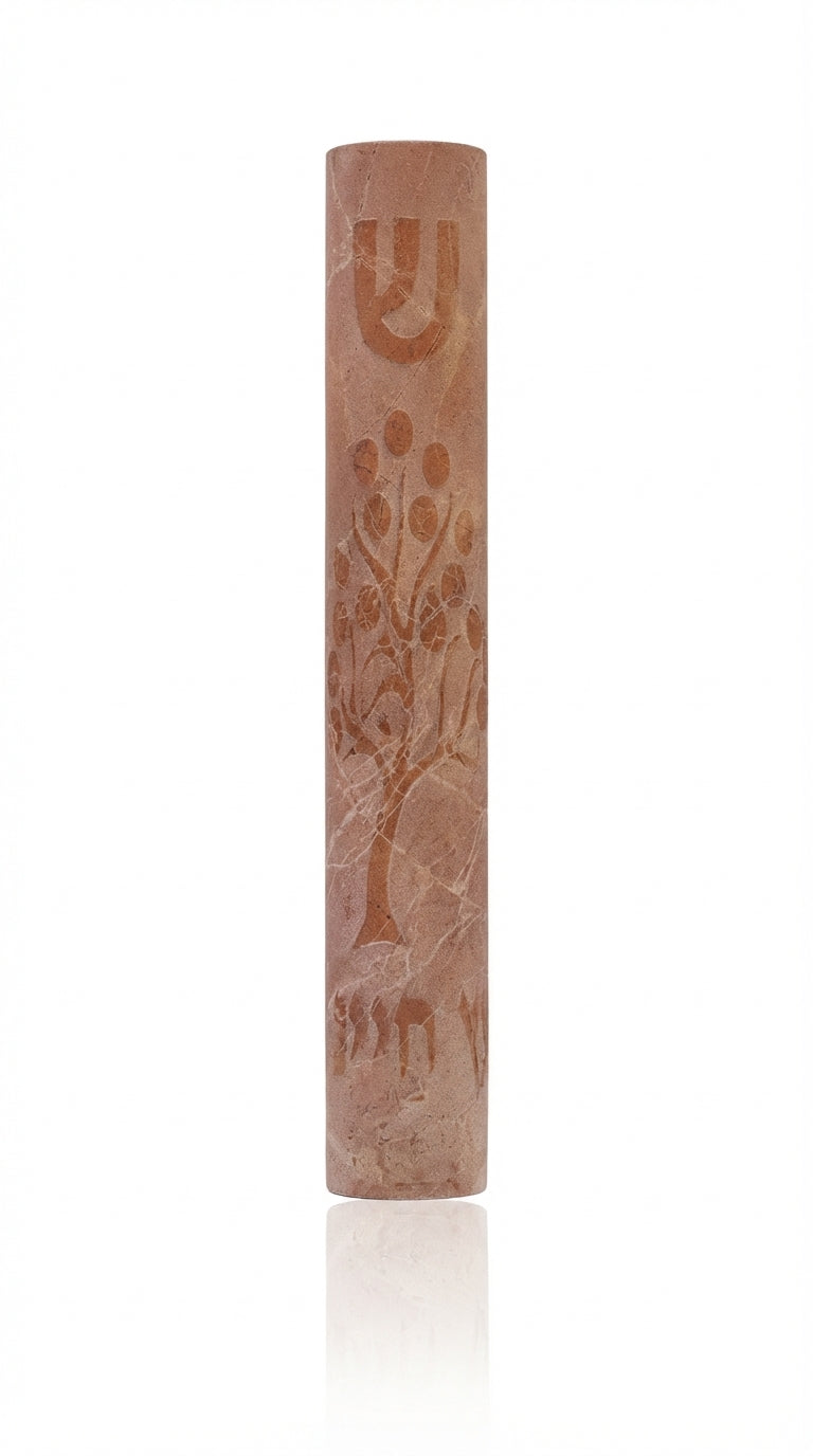 Large Jerusalem Stone Mezuzah with vibrant tree of life and Hebrew text 'etz chaiim', sharp details on white studio background with subtle reflection.