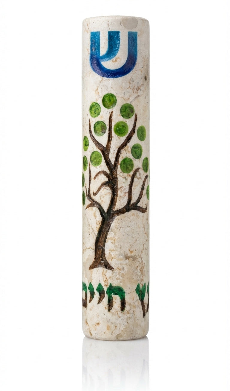 Sterling silver Jerusalem stone Mezuzah featuring a vibrant tree of life and Hebrew inscription 'etz chaiim' on a bright white background with soft reflection.