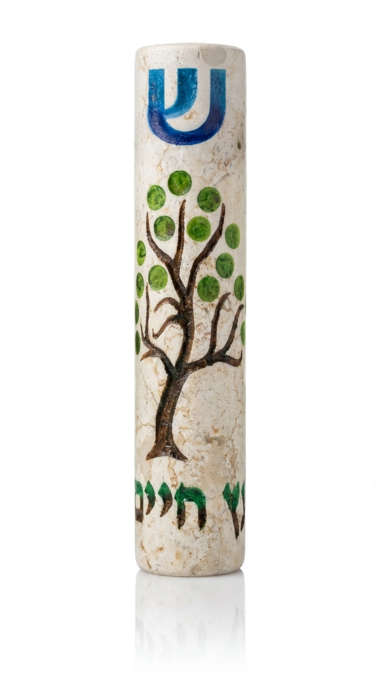 Sterling silver Jerusalem stone Mezuzah featuring a vibrant tree of life and Hebrew inscription 'etz chaiim' on a bright white background with soft reflection.