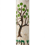 Sterling silver Jerusalem stone Mezuzah featuring a vibrant tree of life and Hebrew inscription 'etz chaiim' on a bright white background with soft reflection.
