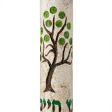 Sterling silver Jerusalem stone Mezuzah featuring a vibrant tree of life and Hebrew inscription 'etz chaiim' on a bright white background with soft reflection.