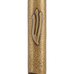 Square brass mezuzah case with antique finish, 4 inches tall, detailed engravings, Hebrew letters, mounted on a white background with soft reflection.