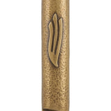Square brass mezuzah case with antique finish, 4 inches tall, detailed engravings, Hebrew letters, mounted on a white background with soft reflection.