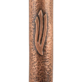 Petite square copper mezuzah with antique finish, shown on a clean white background with soft reflection, emphasizing intricate details and craftsmanship.