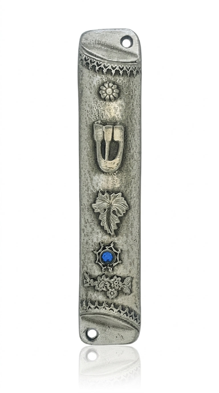 Pewter Square Mezuzah with blue stone accent, designed for doorposts, made in Israel, featuring Hebrew engravings and decorative details.