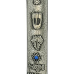 Pewter Square Mezuzah with blue stone accent, designed for doorposts, made in Israel, featuring Hebrew engravings and decorative details.
