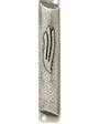 Square pewter mezuzah with antique finish, 4 inches tall, detailed engraving, and prepared for door mounting in a home.