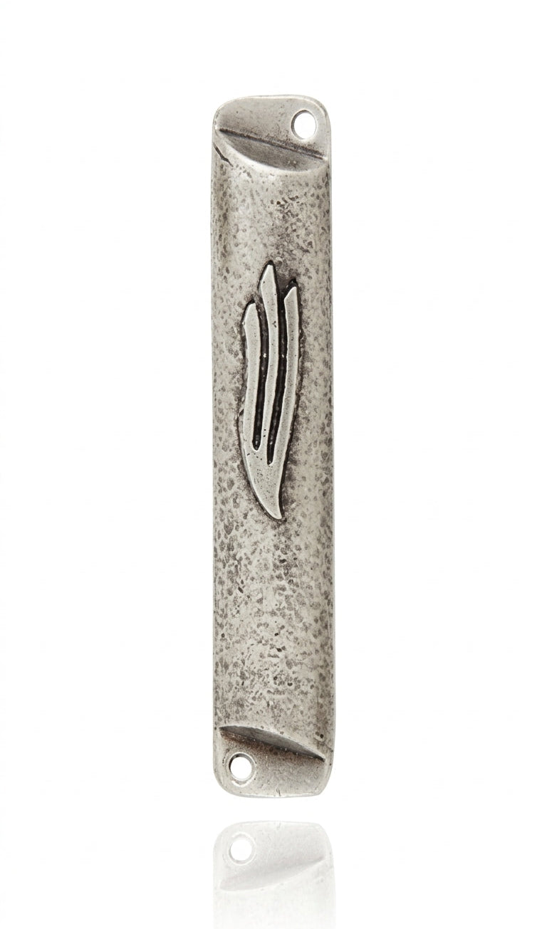 Square pewter mezuzah with antique finish, 4 inches tall, detailed engraving, and prepared for door mounting in a home.