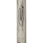 Square pewter mezuzah with antique finish, 4 inches tall, detailed engraving, and prepared for door mounting in a home.