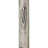 Square pewter mezuzah with antique finish, 4 inches tall, detailed engraving, and prepared for door mounting in a home.