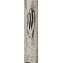 Square pewter mezuzah with antique finish, 4 inches tall, detailed engraving, and prepared for door mounting in a home.