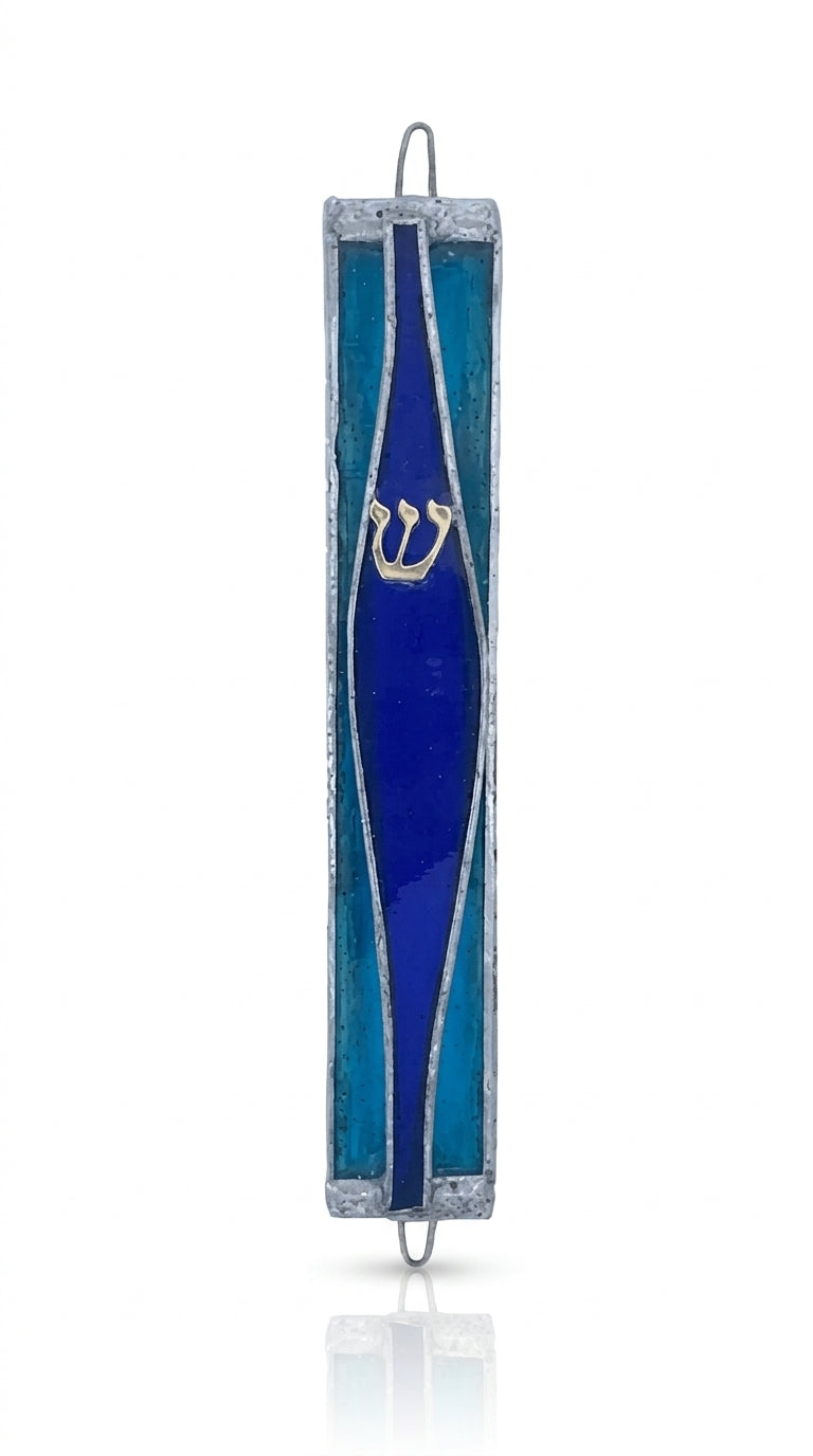 High-quality stained glass Mezuzah measuring 4.5 inches tall, showcasing intricate engraved Hebrew characters and decorative motifs, mounted on a bright white background with subtle reflection.