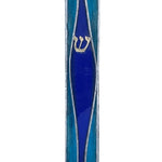 High-quality stained glass Mezuzah measuring 4.5 inches tall, showcasing intricate engraved Hebrew characters and decorative motifs, mounted on a bright white background with subtle reflection.