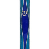 High-quality stained glass Mezuzah measuring 4.5 inches tall, showcasing intricate engraved Hebrew characters and decorative motifs, mounted on a bright white background with subtle reflection.