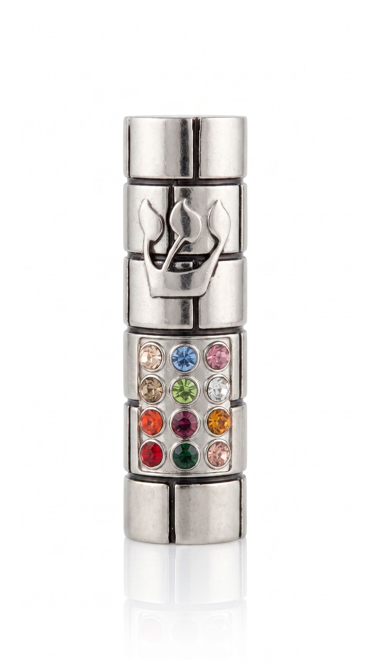Twelve Tribes stainless steel car mezuzah with a raised shin above twelve coloured Choshen stones set in four rows of three.