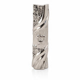 Jerusalem Walls stainless steel car mezuzah, 2 inches tall, with Old City wall relief and a raised Shin on a polished diagonal band.