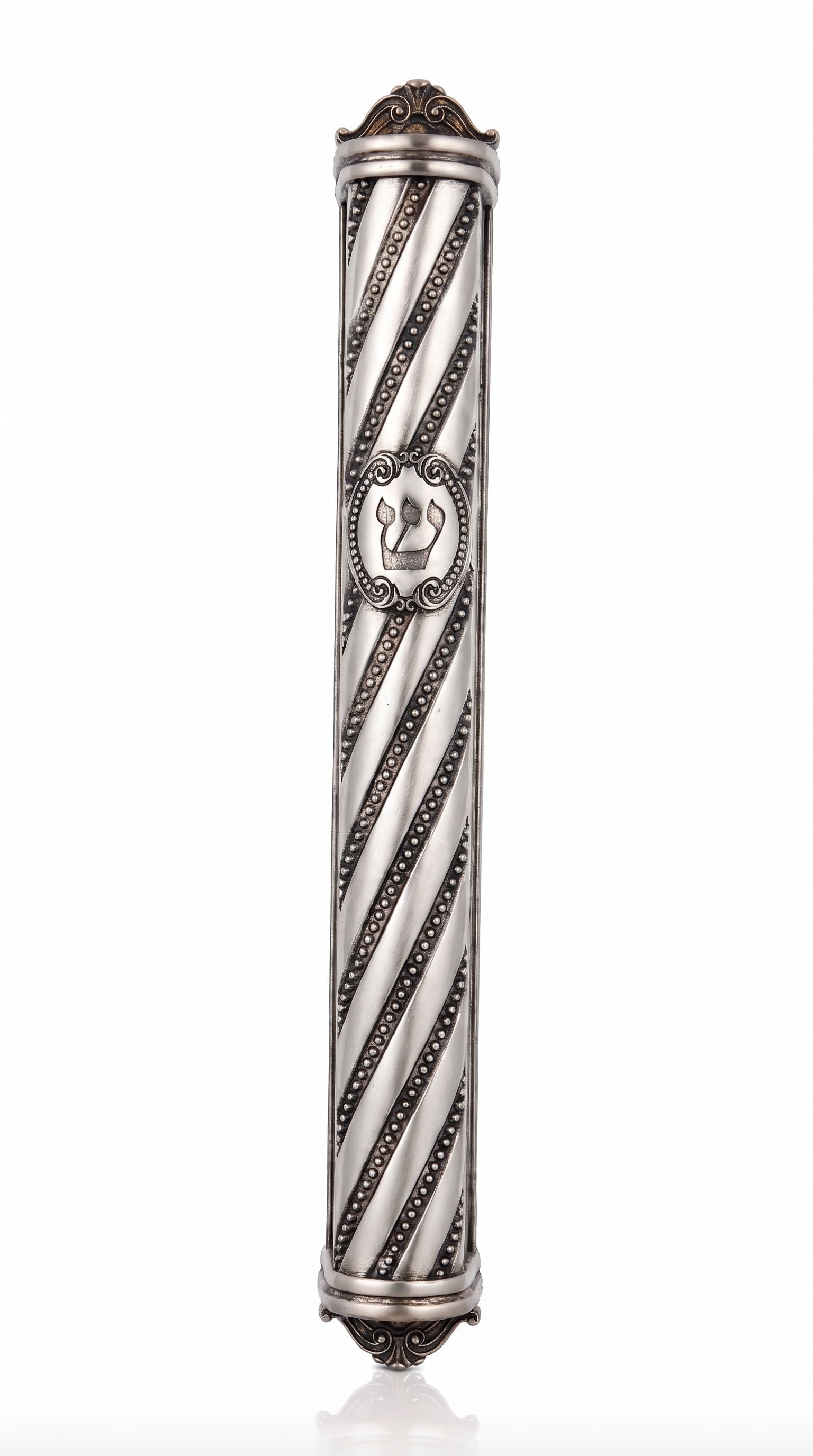 Stainless steel Ornaments Mezuzah case made in Israel for 4 to 6 inch kosher scrolls with mounting holes.