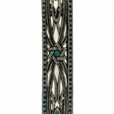 Detailed Star of David blue pewter mezuzah with Hebrew inscriptions and decorative motifs, displayed on a white studio background with a soft reflection.