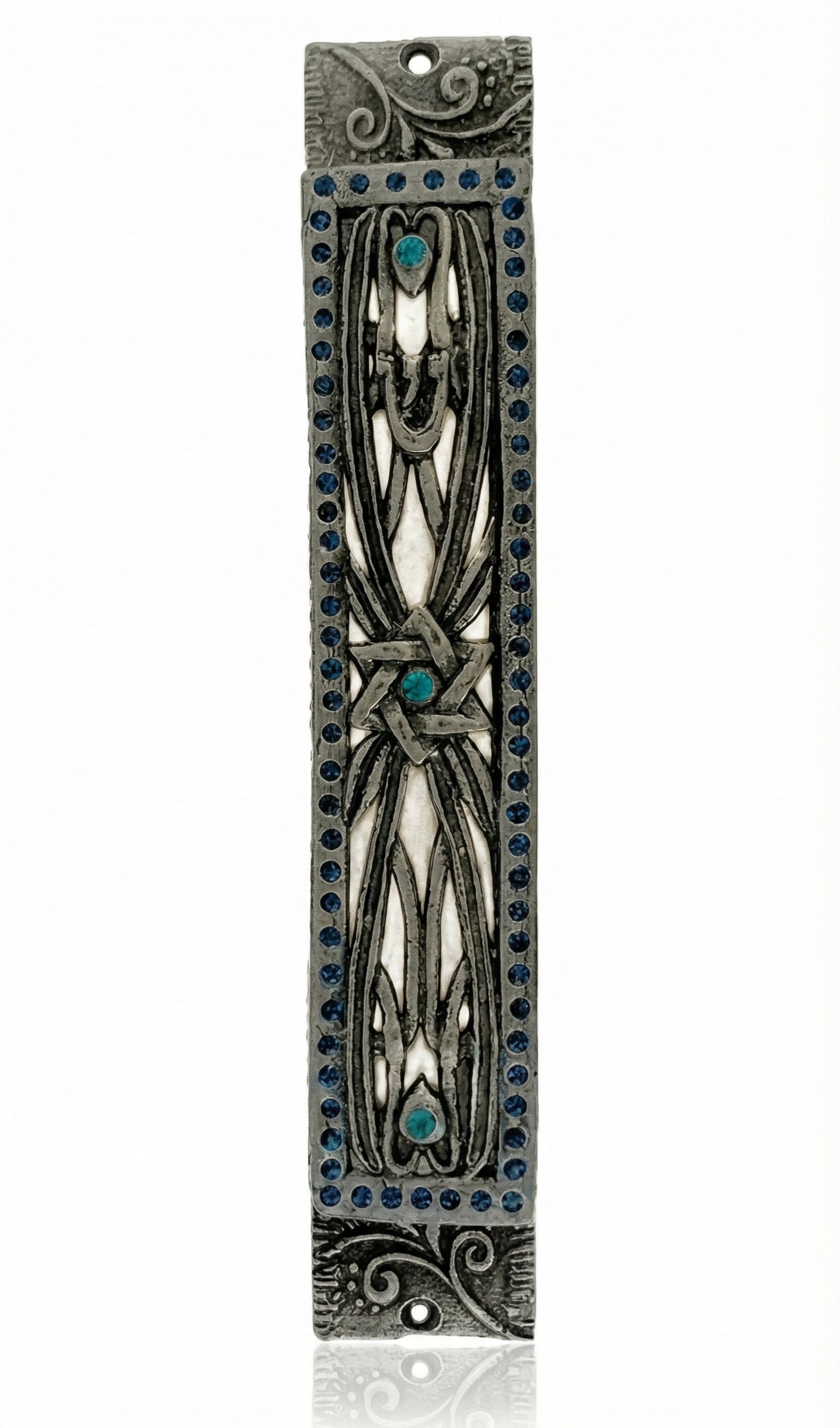 Detailed Star of David blue pewter mezuzah with Hebrew inscriptions and decorative motifs, displayed on a white studio background with a soft reflection.