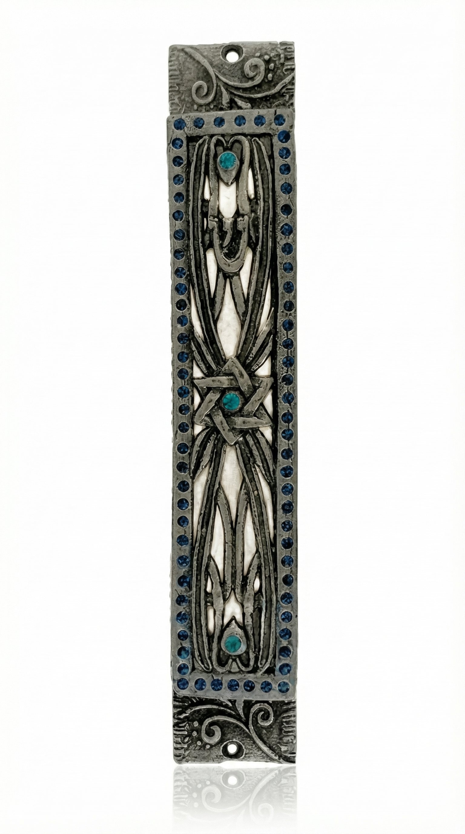 Detailed Star of David blue pewter mezuzah with Hebrew inscriptions and decorative motifs, displayed on a white studio background with a soft reflection.