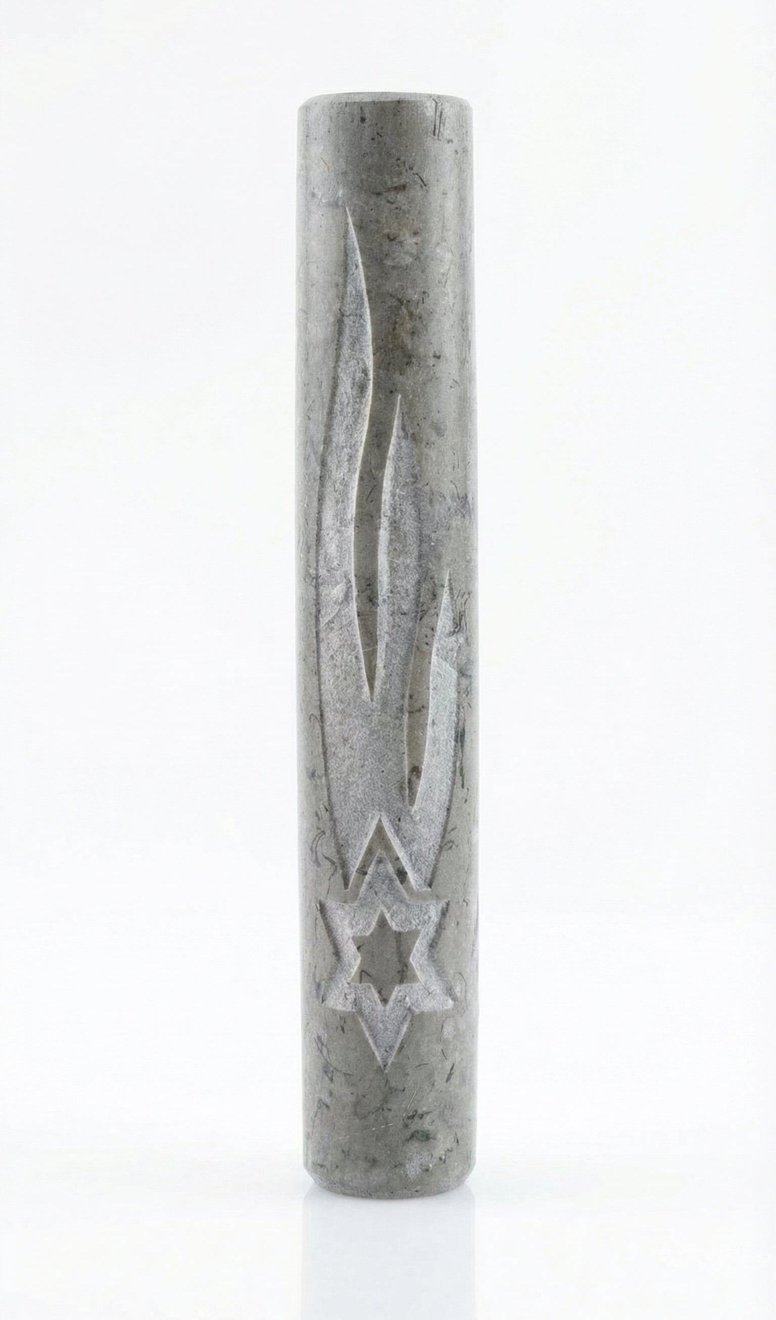 Gray Jerusalem stone mezuzah with Hebrew engravings, crafted from authentic natural stone, in a studio setting with a white background and subtle reflection.