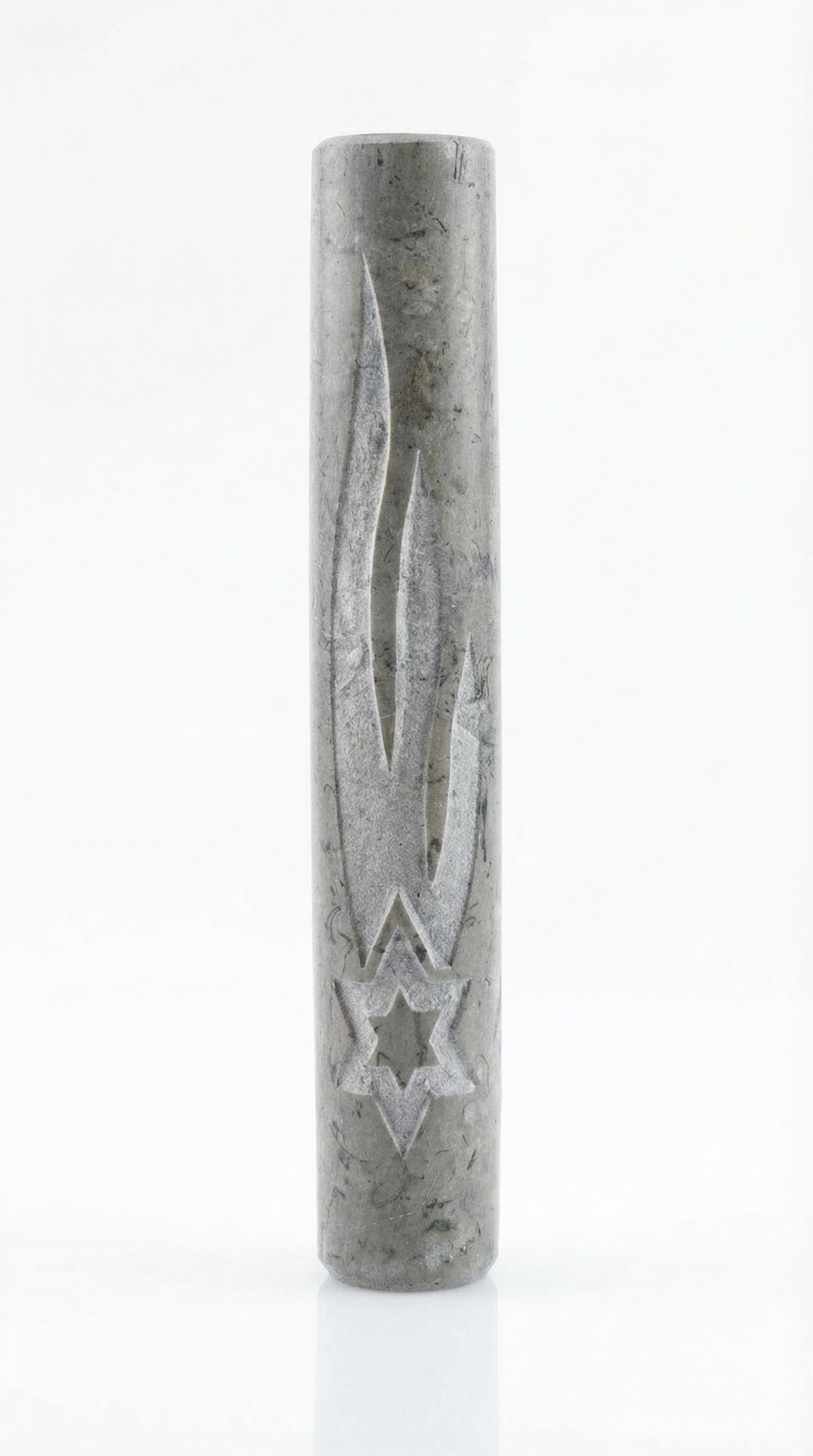 Gray Jerusalem stone mezuzah with Hebrew engravings, crafted from authentic natural stone, in a studio setting with a white background and subtle reflection.