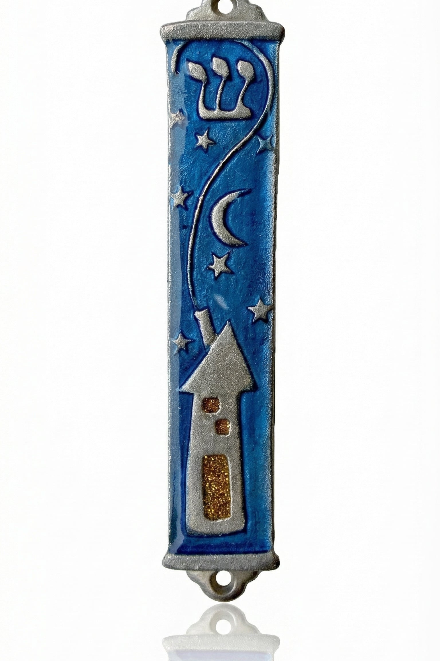High-resolution image of an elegant pewter mezuzah with intricate details, set against a white studio background with soft reflection, emphasizing craftsmanship and design.