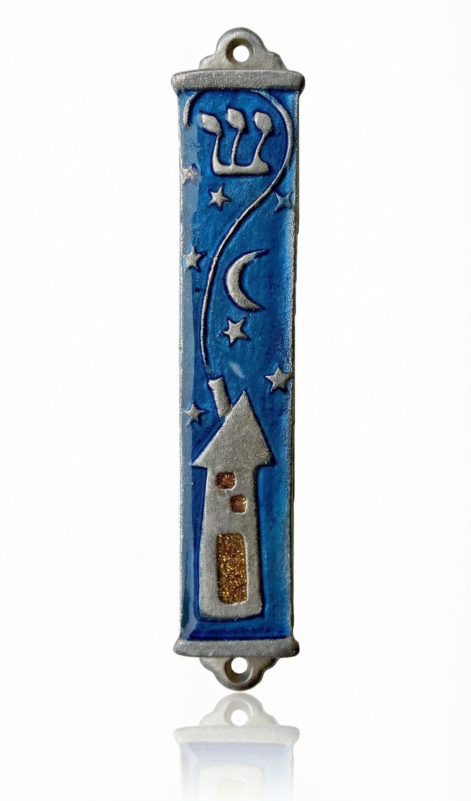 High-resolution image of an elegant pewter mezuzah with intricate details, set against a white studio background with soft reflection, emphasizing craftsmanship and design.