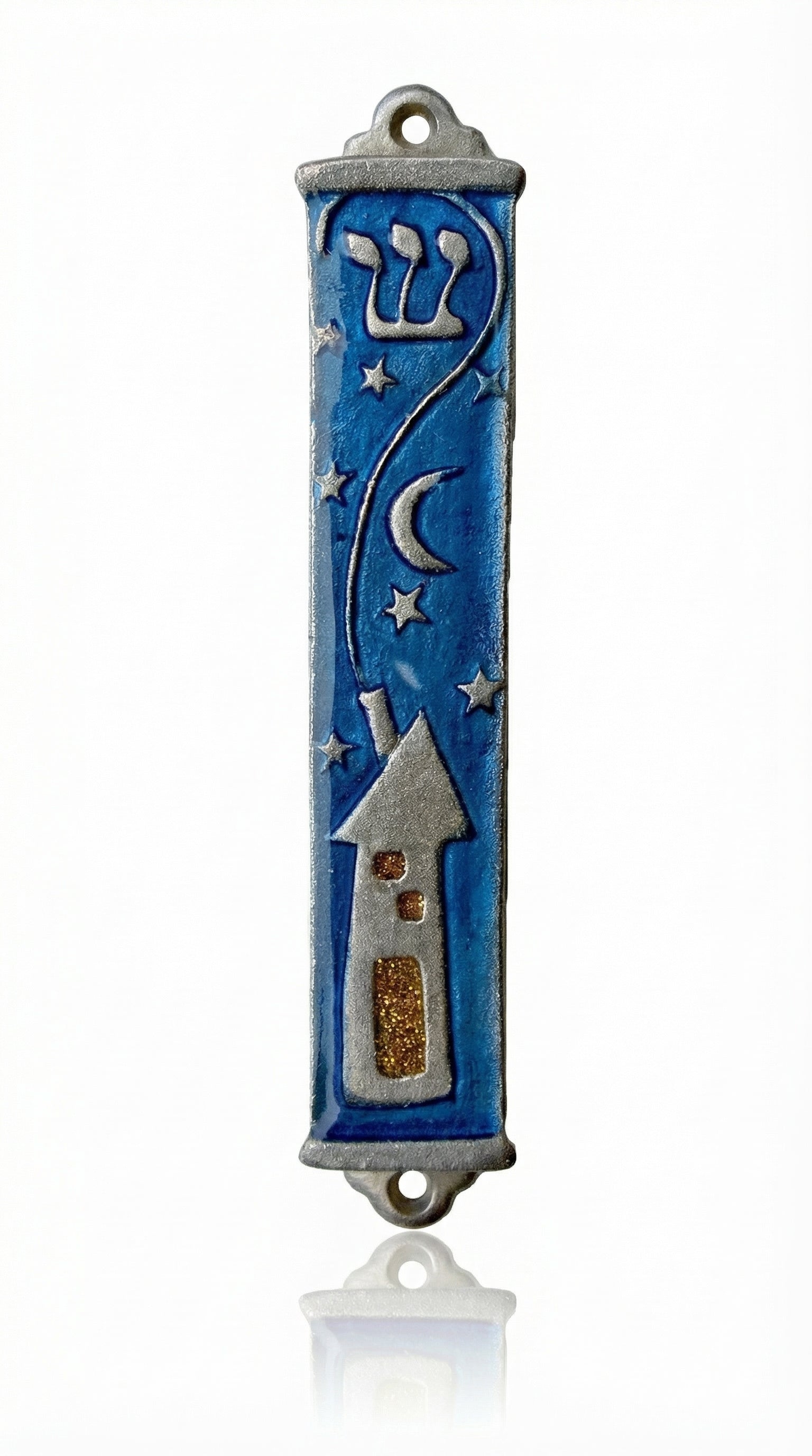 High-resolution image of an elegant pewter mezuzah with intricate details, set against a white studio background with soft reflection, emphasizing craftsmanship and design.