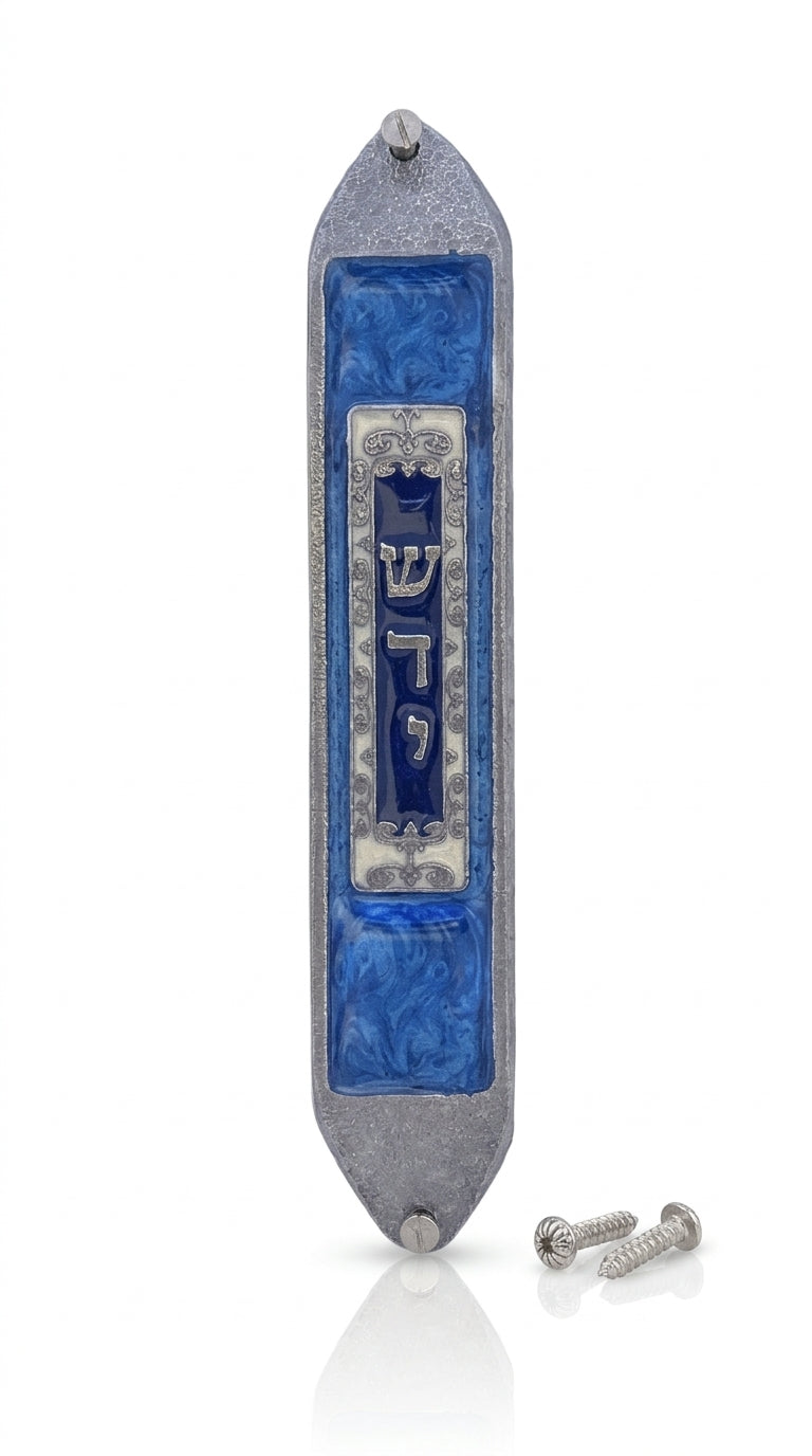 Starry Night Mezuzah in pewter with blue and white enamel, inspired by Van Gogh's painting, 5 inches tall, displayed on a white studio surface.