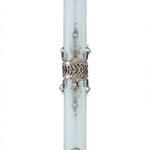 Sterling silver crown mezuzah with turquoise stone centerpieces, surrounded by a silver band, resting on a white studio surface with light reflection.