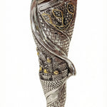 Close-up of detailed sterling silver Jerusalem motif mezuzah with high-relief city wall engravings, on a white background with subtle reflection.
