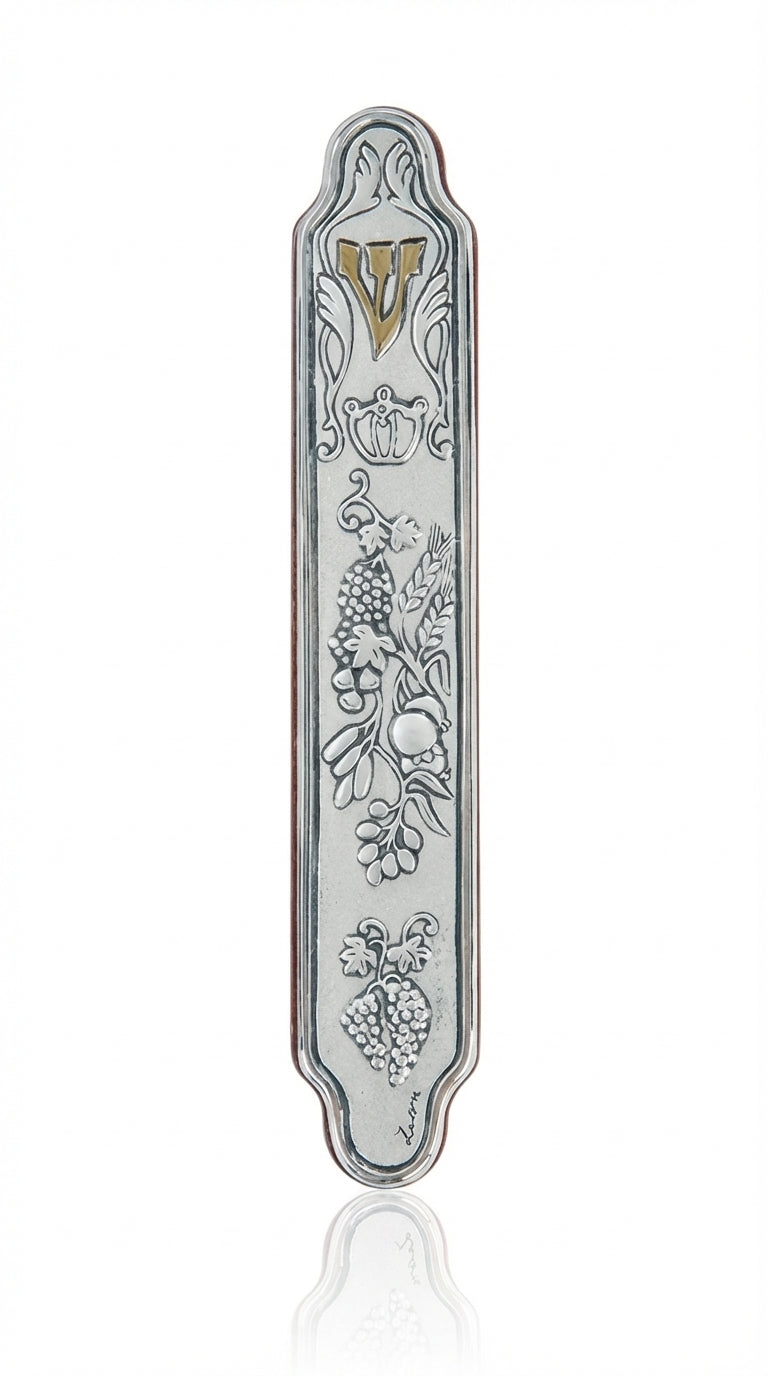 Elegant Sterling Silver Mezuzah with mahogany wood accents, designed for home doorways, featuring detailed Hebrew engravings and decorative motifs.