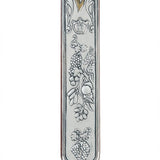 Elegant Sterling Silver Mezuzah with mahogany wood accents, designed for home doorways, featuring detailed Hebrew engravings and decorative motifs.