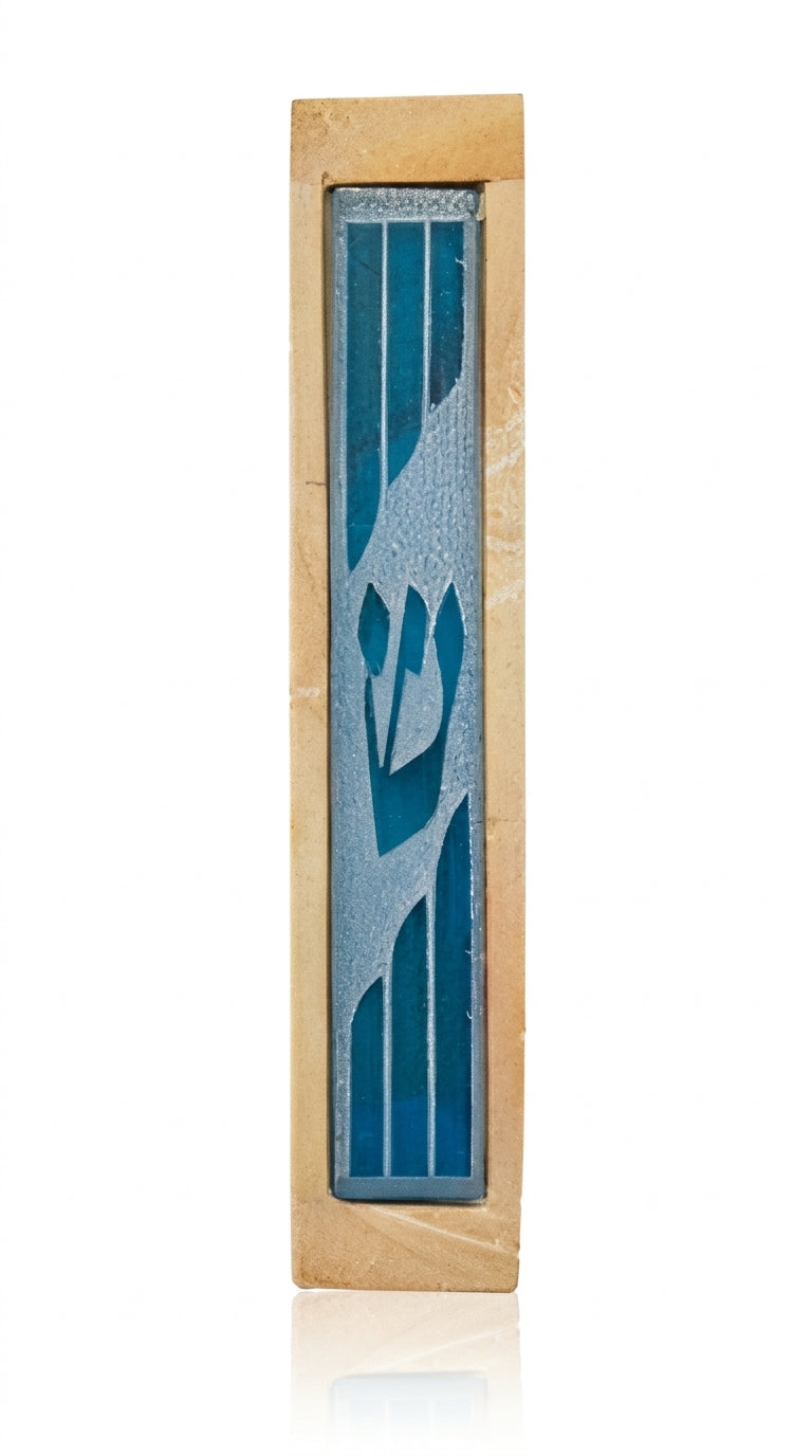 Stone and glass mezuzah with inlaid frosted 'Shin' letter, mounted on a white background with soft reflection, showcasing detailed craftsmanship.