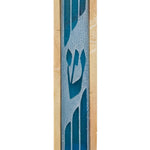 Stone and glass mezuzah with inlaid frosted 'Shin' letter, mounted on a white background with soft reflection, showcasing detailed craftsmanship.