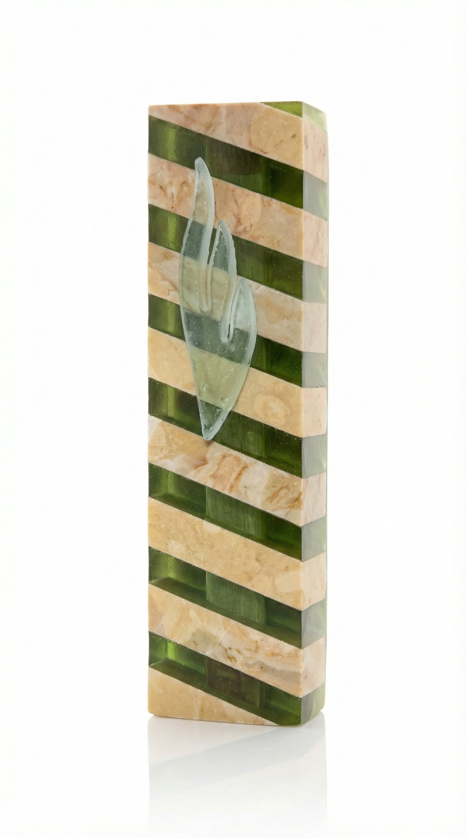 Elegant Jerusalem stone and glass mezuzah with detailed Hebrew engravings, perfect for home doorways for blessing and tradition.