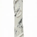 Stone-like cement mezuzah measuring 5.5 inches tall, with Hebrew engraved words, decorative motifs, and a smooth finish, mounted on a white background.